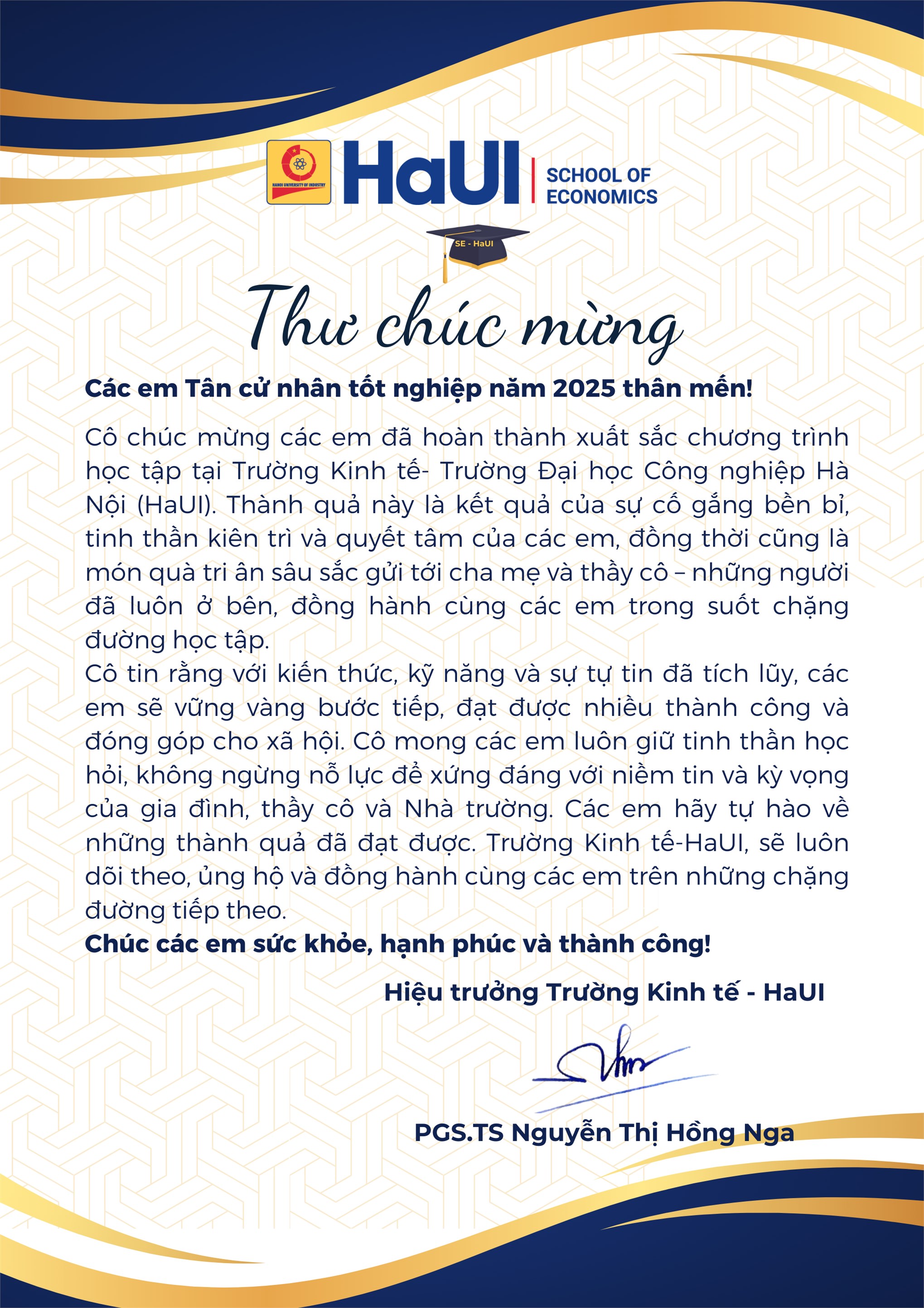 THƯ CHÚC MỪNG TÂN CỬ NHÂN TỐT NGHIỆP NĂM 2025 - TRƯỜNG KINH TẾ