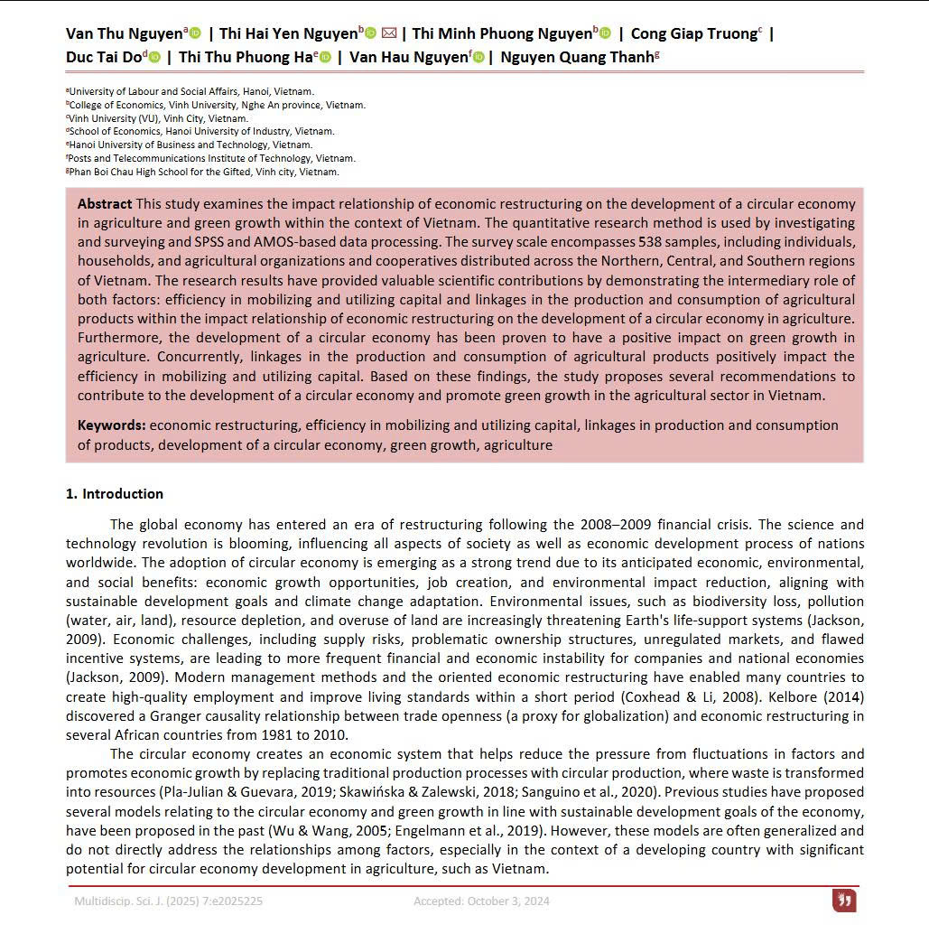 The impact of economic restructuring on the development of circular economy in agriculture and green growth