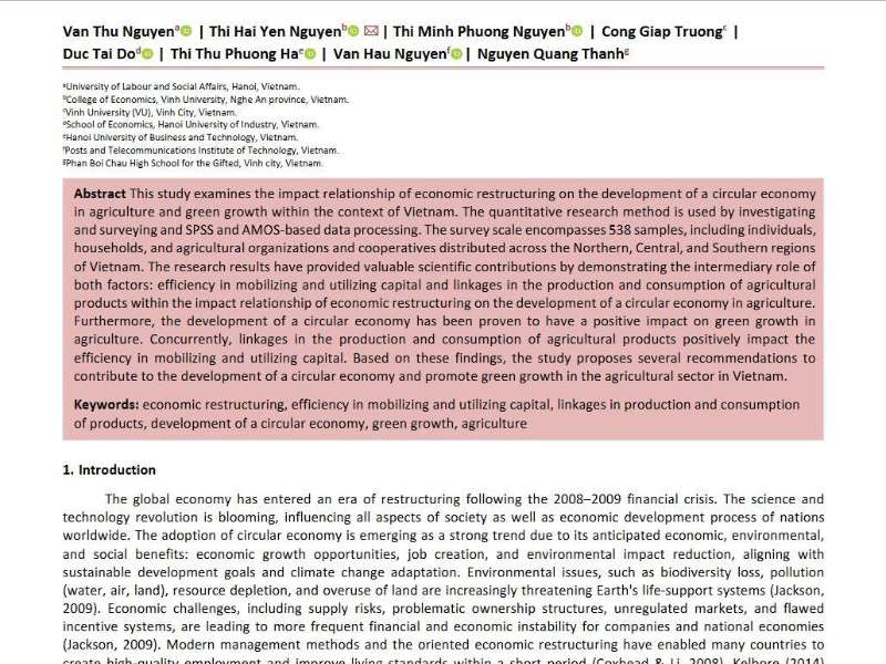 The impact of economic restructuring on the development of circular economy in agriculture and green growth