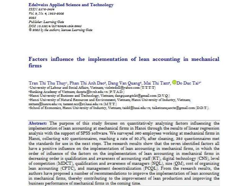 Factors influence the implementation of lean accounting in mechanical firms