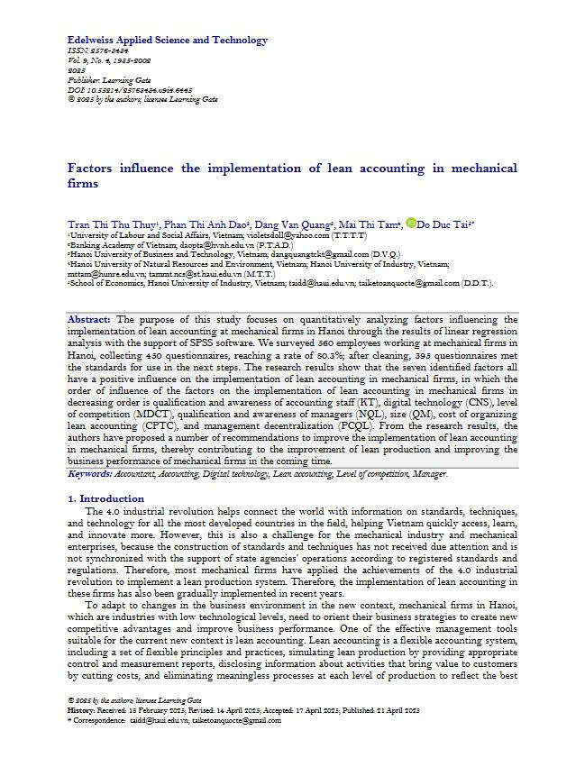 Factors influence the implementation of lean accounting in mechanical firms