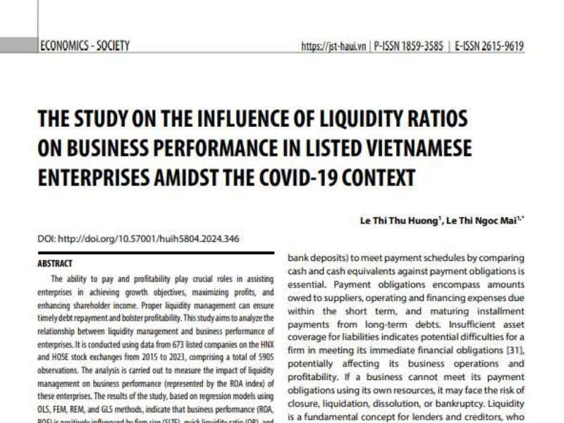 The study on the influence of liquidity ratios on business performance in listed Vietnamese enterprises amidst the covid-19 context