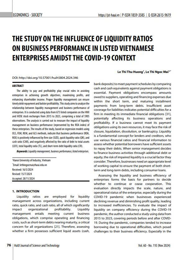 The study on the influence of liquidity ratios on business performance in listed Vietnamese enterprises amidst the covid-19 context
