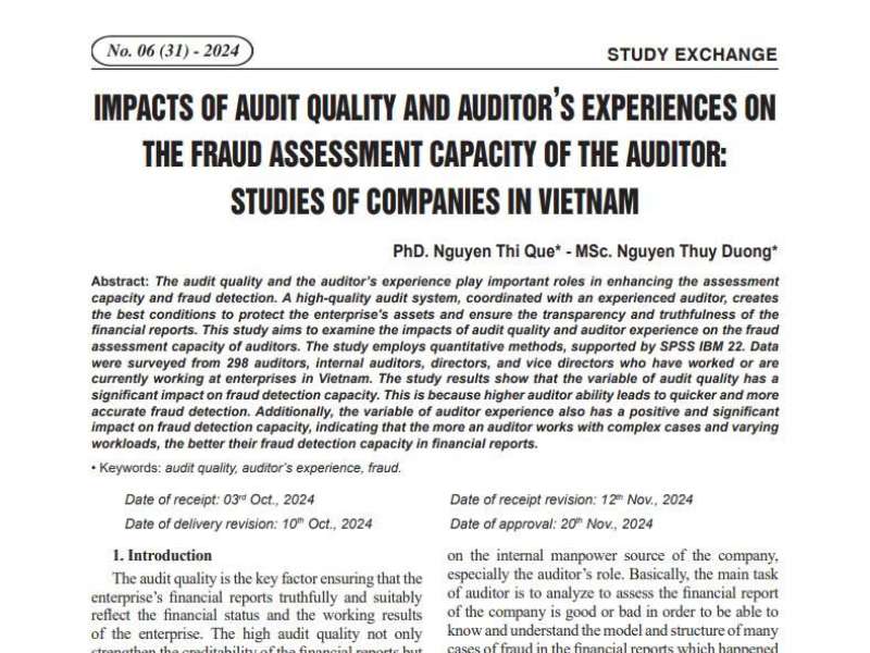 Impacts of audit quality and auditor's experiences on the fraud assessment capacity of the auditor: studies of companies in VietNam