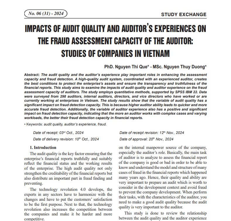Impacts of audit quality and auditor's experiences on the fraud assessment capacity of the auditor: studies of companies in VietNam