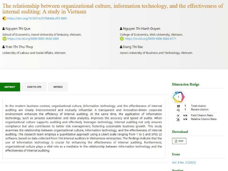 The relationship between organizational culture, information technology, and the effectiveness of internal auditing: A study in Vietnam
