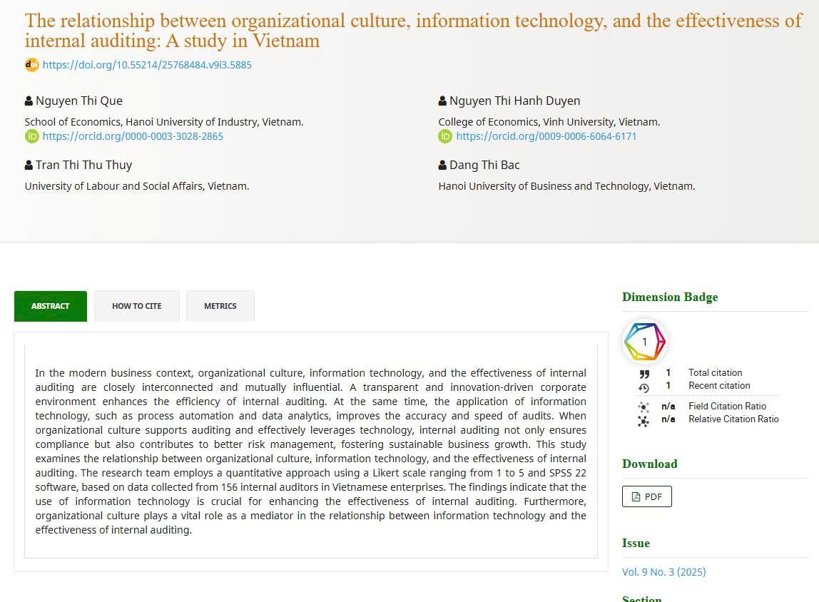 The relationship between organizational culture, information technology, and the effectiveness of internal auditing: A study in Vietnam