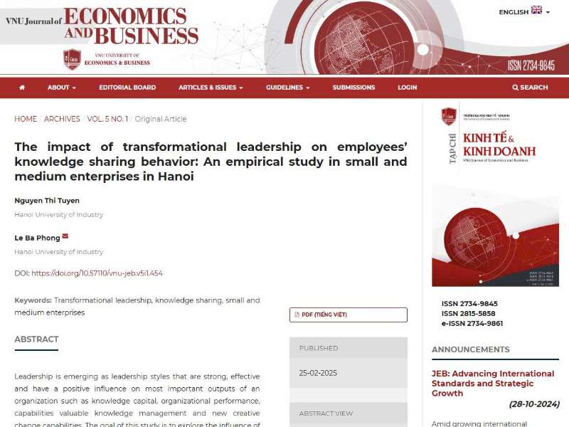"Tác động của lãnh đạo chuyển đổi đến hành vi chia sẻ tri thức của nhân viên tại các doanh nghiệp nhỏ và vừa trên địa bàn Hà Nội", Thời gian công bố 02/2025