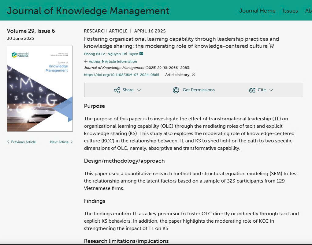 Fostering organizational learning capability through leadership practices and knowledge sharing: the moderating role of knowledge-centered culture