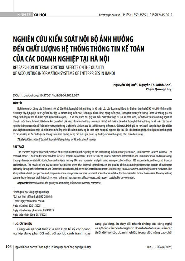 Nghiên cứu kiểm soát nội bộ ảnh hưởng đến chất lượng thông tin kế toán của các doanh nghiệp tại Hà Nội
