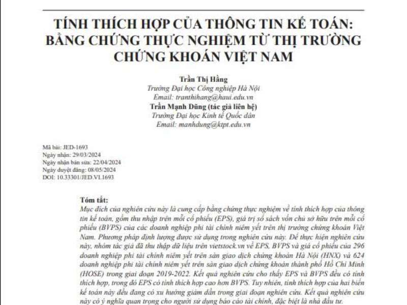 Tính thích hợp của thông tin kế toán: Bằng chứng thực nghiệm từ thị trường chứng khoán Việt Nam