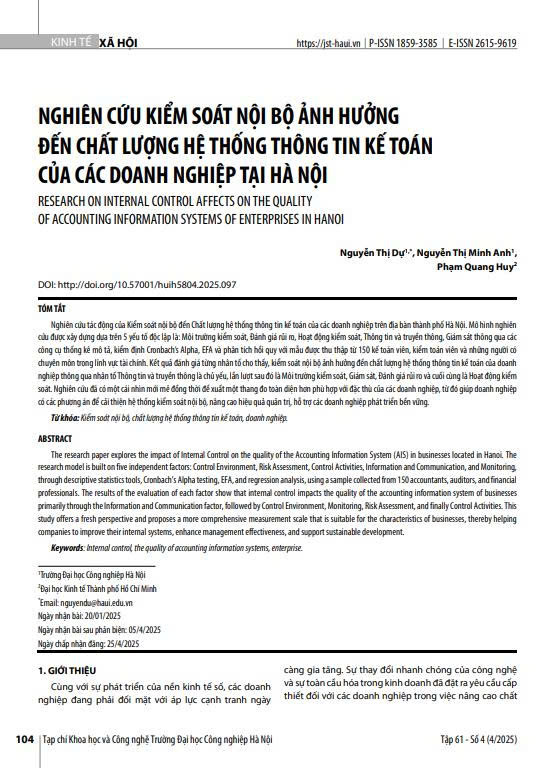 Nghiên cứu kiểm soát nội bộ ảnh hưởng đến chất lượng thông tin kế toán của các doanh nghiệp tại Hà Nội