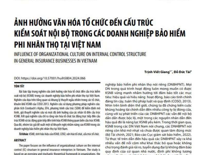 Ảnh hưởng văn hóa tổ chức đến cấu trúc kiểm soát nội bộ trong các doanh nghiệp bảo hiểm phi nhân thọ tại việt nam