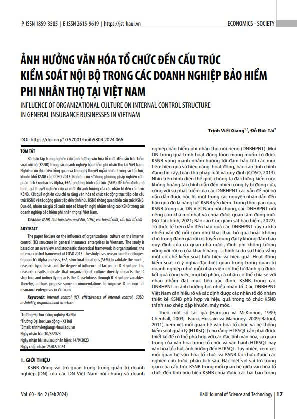 Ảnh hưởng văn hóa tổ chức đến cấu trúc kiểm soát nội bộ trong các doanh nghiệp bảo hiểm phi nhân thọ tại việt nam