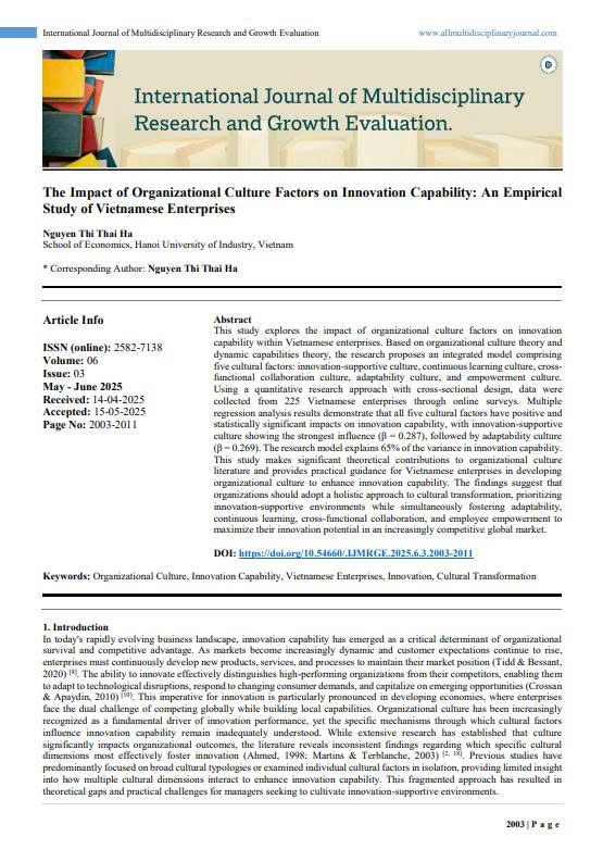 The Impact of Organizational Culture Factors on Innovation Capability: An Empirical Study of Vietnamese Enterprises