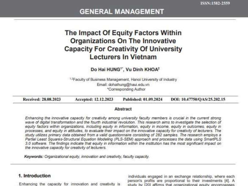 The Impact Of Equity Factors Within Organizations On The Innovative Capacity For Creativity Of University Lecturers In Vietnam
