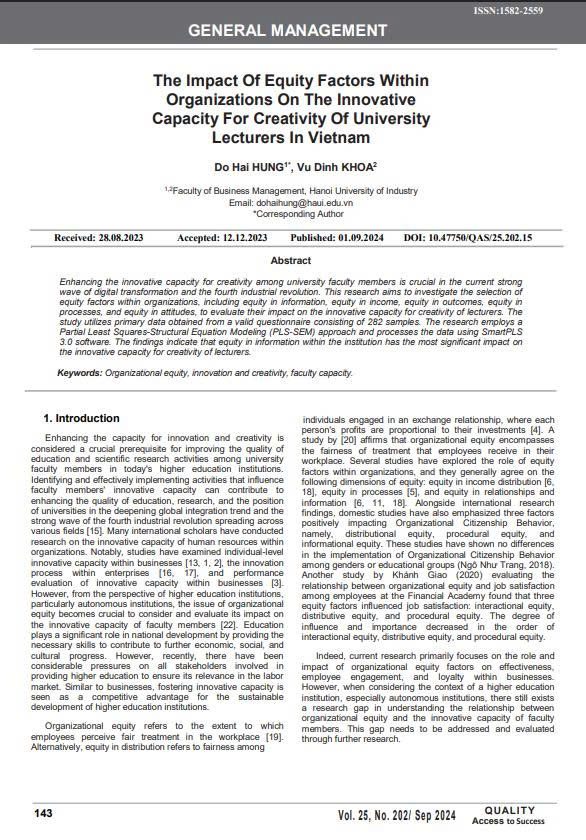 The Impact Of Equity Factors Within Organizations On The Innovative Capacity For Creativity Of University Lecturers In Vietnam