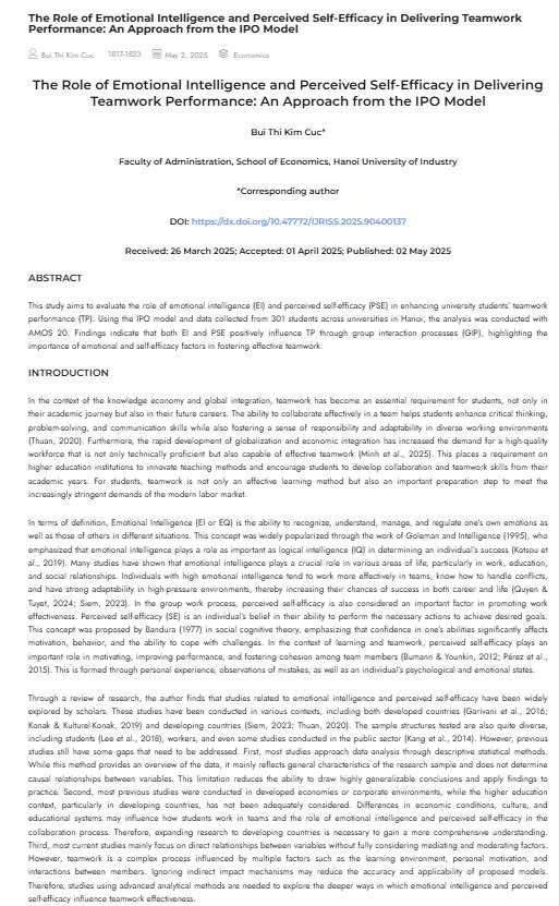 The Role of Emotional Intelligence and Perceived Self-Efficacy in Delivering Teamwork Performance: An Approach from the IPO Model