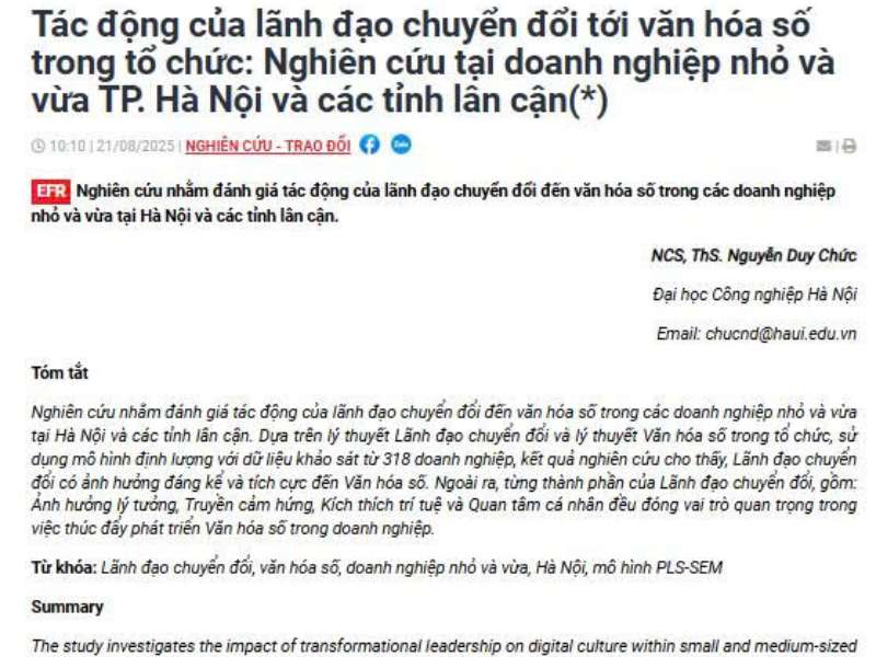 Tác động của lãnh đạo chuyển đổi tới văn hóa số trong tổ chức: Nghiên cứu tại doanh nghiệp nhỏ và vừa TP. Hà Nội và các tỉnh lân cận(*)
