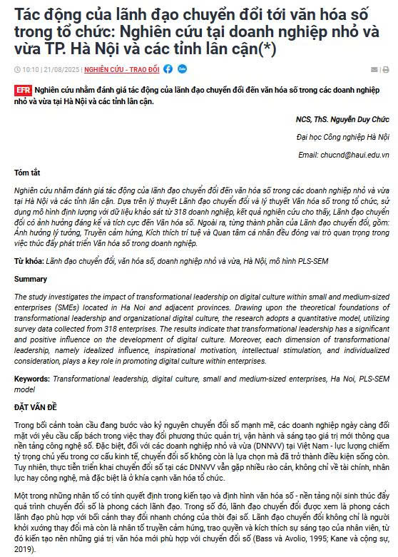 Tác động của lãnh đạo chuyển đổi tới văn hóa số trong tổ chức: Nghiên cứu tại doanh nghiệp nhỏ và vừa TP. Hà Nội và các tỉnh lân cận(*)