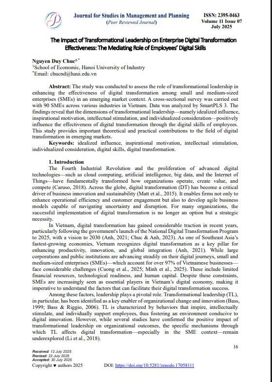 The Impact of Transformational Leadership on Enterprise Digital Transformation Effectiveness: The Mediating Role of Employees’ Digital Skills