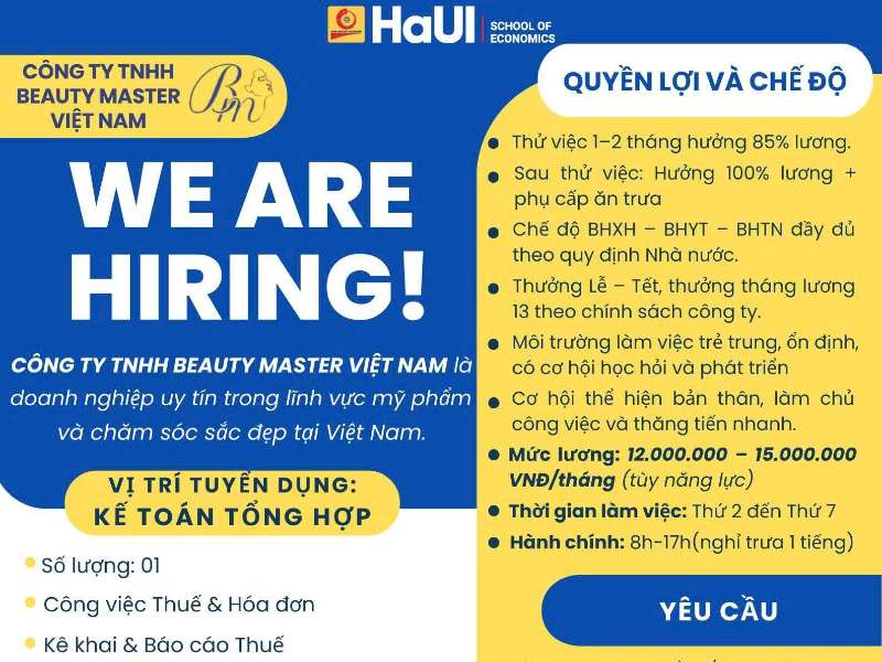 Công ty TNHH BEAUTY MASTER VIỆT NAM tuyển dụng