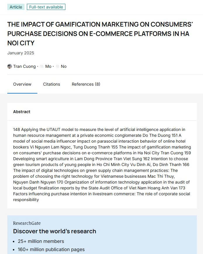 THE IMPACT OF GAMIFICATION MARKETING ON CONSUMERS' PURCHASE DECISIONS ON E-COMMERCE PLATFORMS IN HA NOI CITY