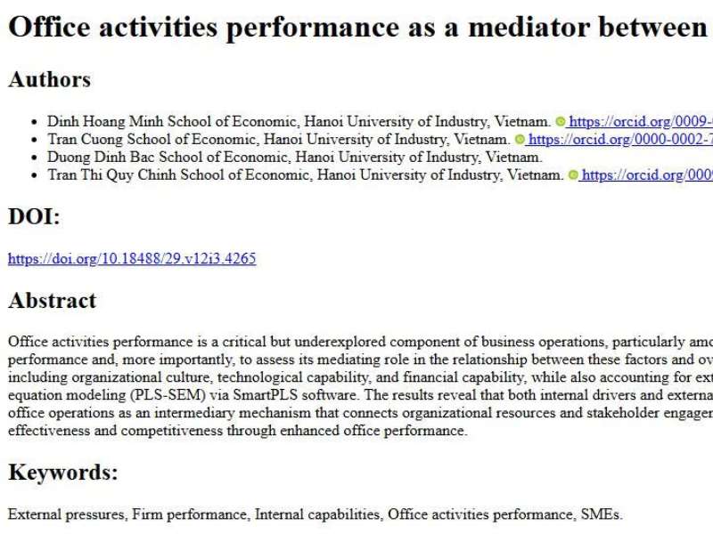 Office activities performance as a mediator between organizational drivers and firm performance: Evidence from Vietnamese SMEs