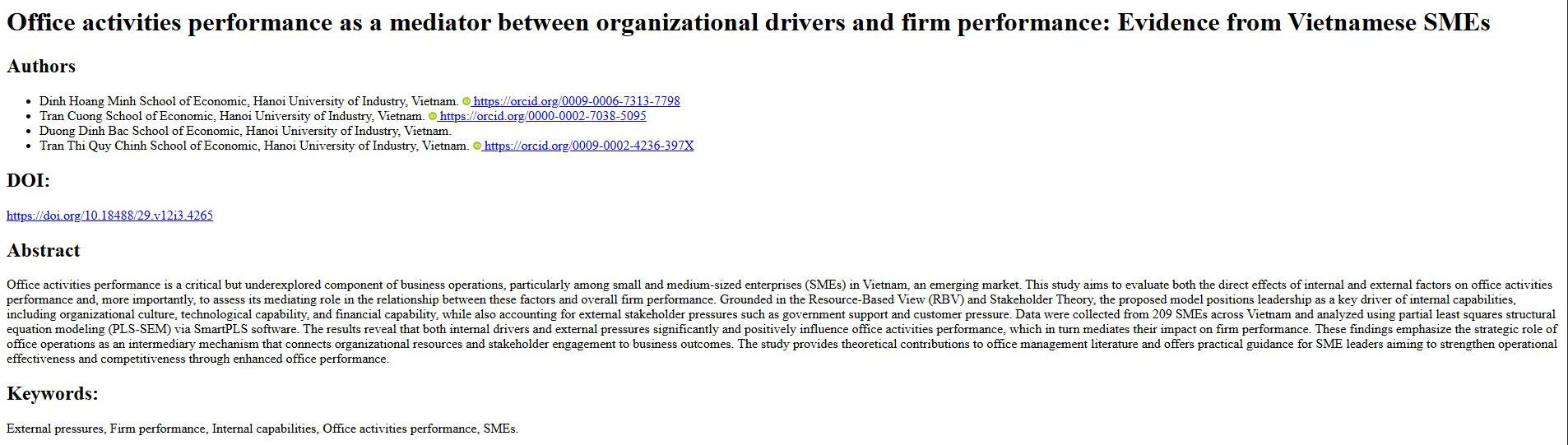 Office activities performance as a mediator between organizational drivers and firm performance: Evidence from Vietnamese SMEs