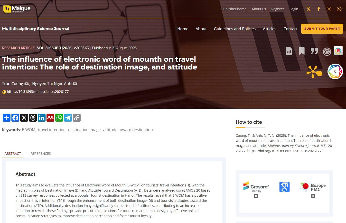 The influence of electronic word of mounth on travel intention: The role of destination image, and attitude