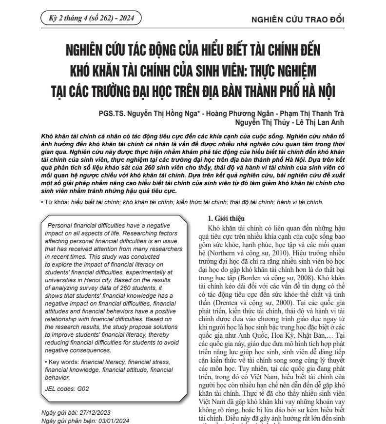 `Nghiên cứu tác động của hiểu biết tài chính đến khó khăn tài chính của sinh viên: Thực nghiệm tại các trường đại học trên địa bàn thành phố Hà Nội`