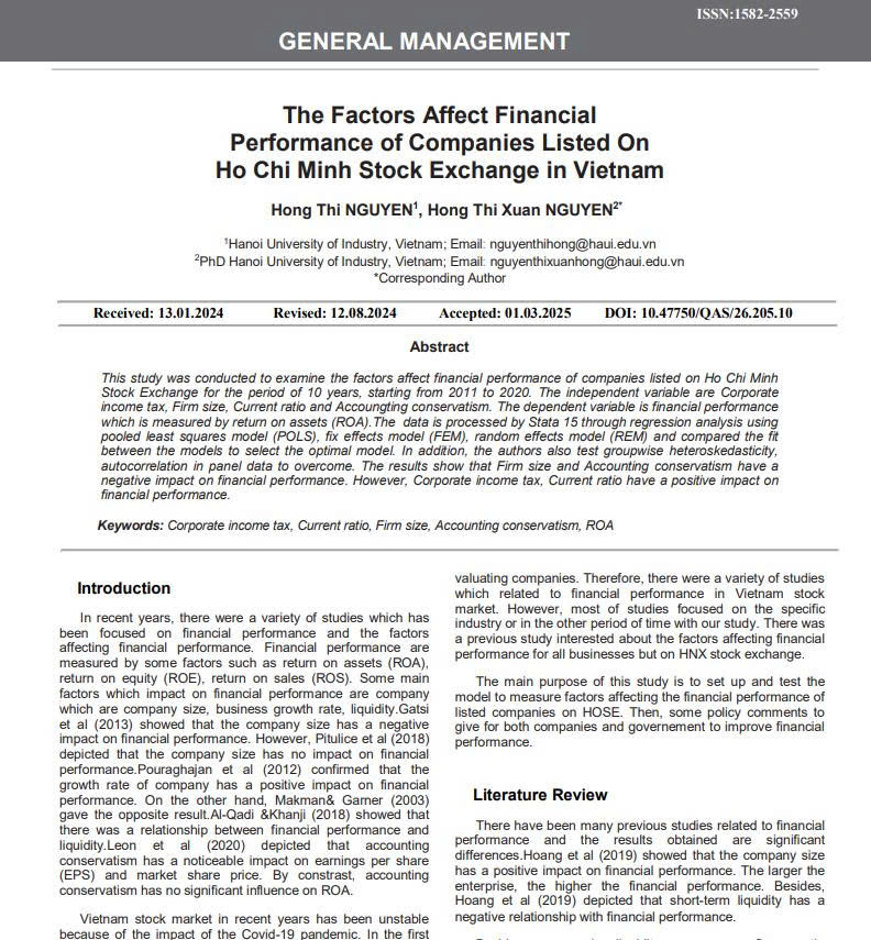 The Factors Affect Financial Performance of Companies Listed On Ho Chi Minh Stock Exchange in Vietnam