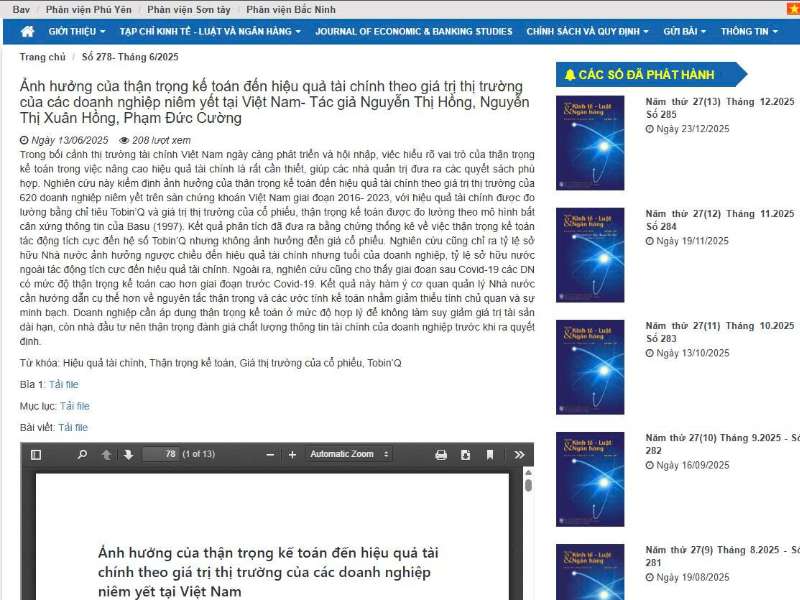 Ảnh hưởng của thận trọng kế toán đến hiệu quả tài chính theo giá trị thị trường của các doanh nghiệp niêm yết tại Việt Nam
