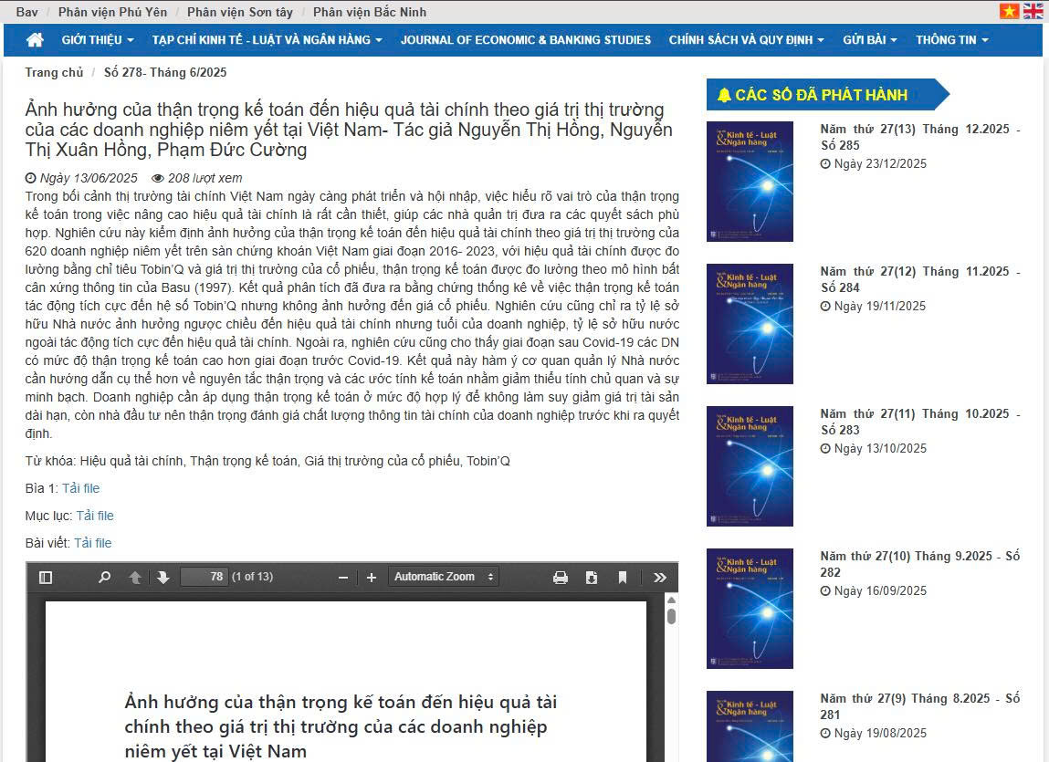 Ảnh hưởng của thận trọng kế toán đến hiệu quả tài chính theo giá trị thị trường của các doanh nghiệp niêm yết tại Việt Nam
