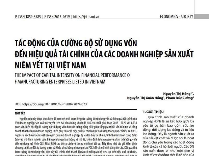 TÁC ĐỘNG CỦA CƯỜNG ĐỘ SỬ DỤNG VỐN ĐẾN HIỆU QUẢ TÀI CHÍNH CỦA CÁC DOANH NGHIỆP SẢN XUẤT NIÊM YẾT TẠI VIỆT NAM