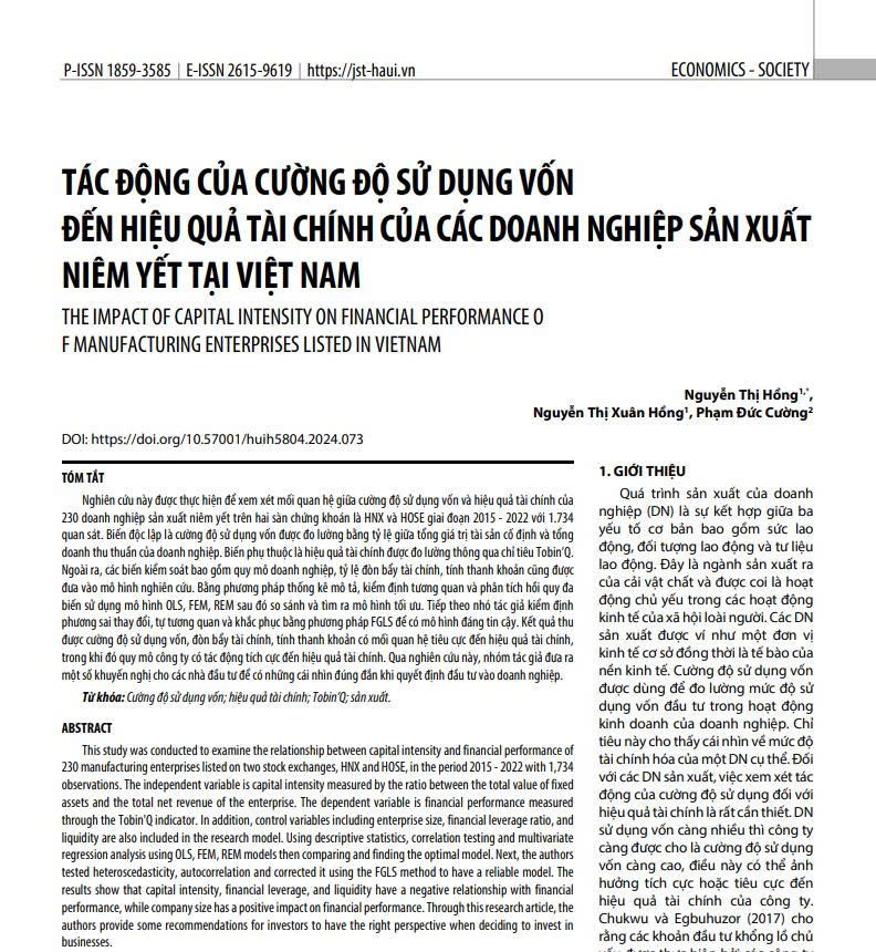 TÁC ĐỘNG CỦA CƯỜNG ĐỘ SỬ DỤNG VỐN ĐẾN HIỆU QUẢ TÀI CHÍNH CỦA CÁC DOANH NGHIỆP SẢN XUẤT NIÊM YẾT TẠI VIỆT NAM