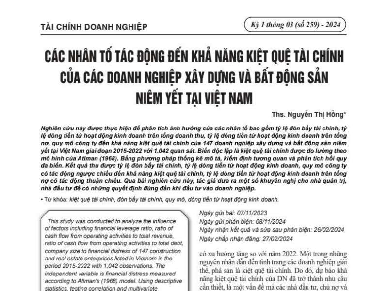 CÁC NHÂN TỐ TÁC ĐỘNG ĐẾN KHẢ NĂNG KIỆT QUỆ TÀI CHÍNH CỦA CÁC DOANH NGHIỆP XÂY DỰNG VÀ BẤT ĐỘNG SẢN NIÊM YẾT TẠI VIỆT NAM