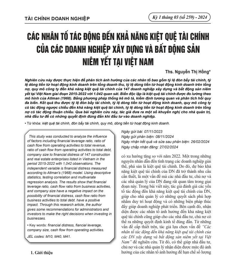 CÁC NHÂN TỐ TÁC ĐỘNG ĐẾN KHẢ NĂNG KIỆT QUỆ TÀI CHÍNH CỦA CÁC DOANH NGHIỆP XÂY DỰNG VÀ BẤT ĐỘNG SẢN NIÊM YẾT TẠI VIỆT NAM
