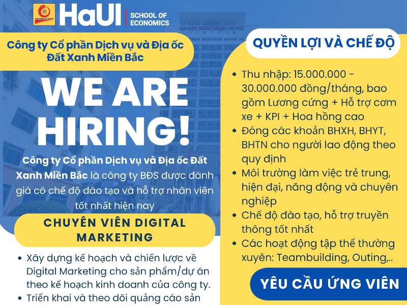 Thông báo tuyển dụng: Chuyên viên Digital Marketing Công ty Cổ phần Dịch vụ và Địa ốc Đất Xanh Miền Bắc