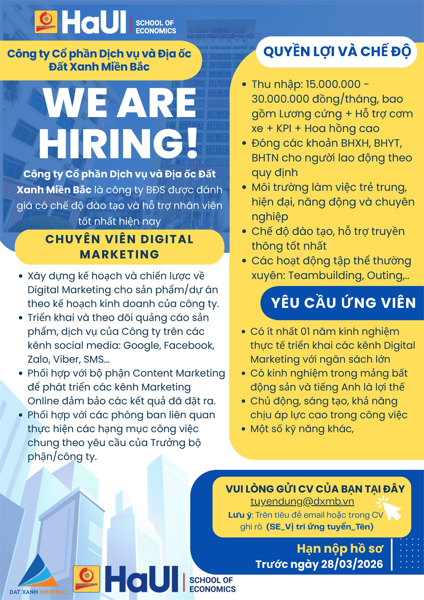 Thông báo tuyển dụng: Chuyên viên Digital Marketing Công ty Cổ phần Dịch vụ và Địa ốc Đất Xanh Miền Bắc