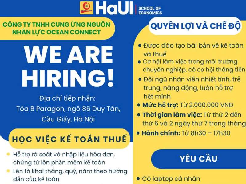 Công ty TNHH Cung ứng nguồn nhân lực Ocean Connect tuyển dụng: Học việc Kế toán Thuế