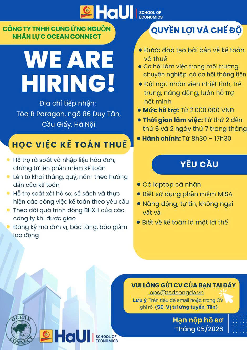 Công ty TNHH Cung ứng nguồn nhân lực Ocean Connect tuyển dụng: Học việc Kế toán Thuế