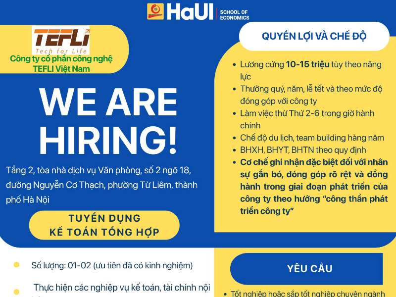 Công ty Cổ phần Công nghệ TEFLI Việt Nam tuyển dụng 02 kế toán tổng hợp