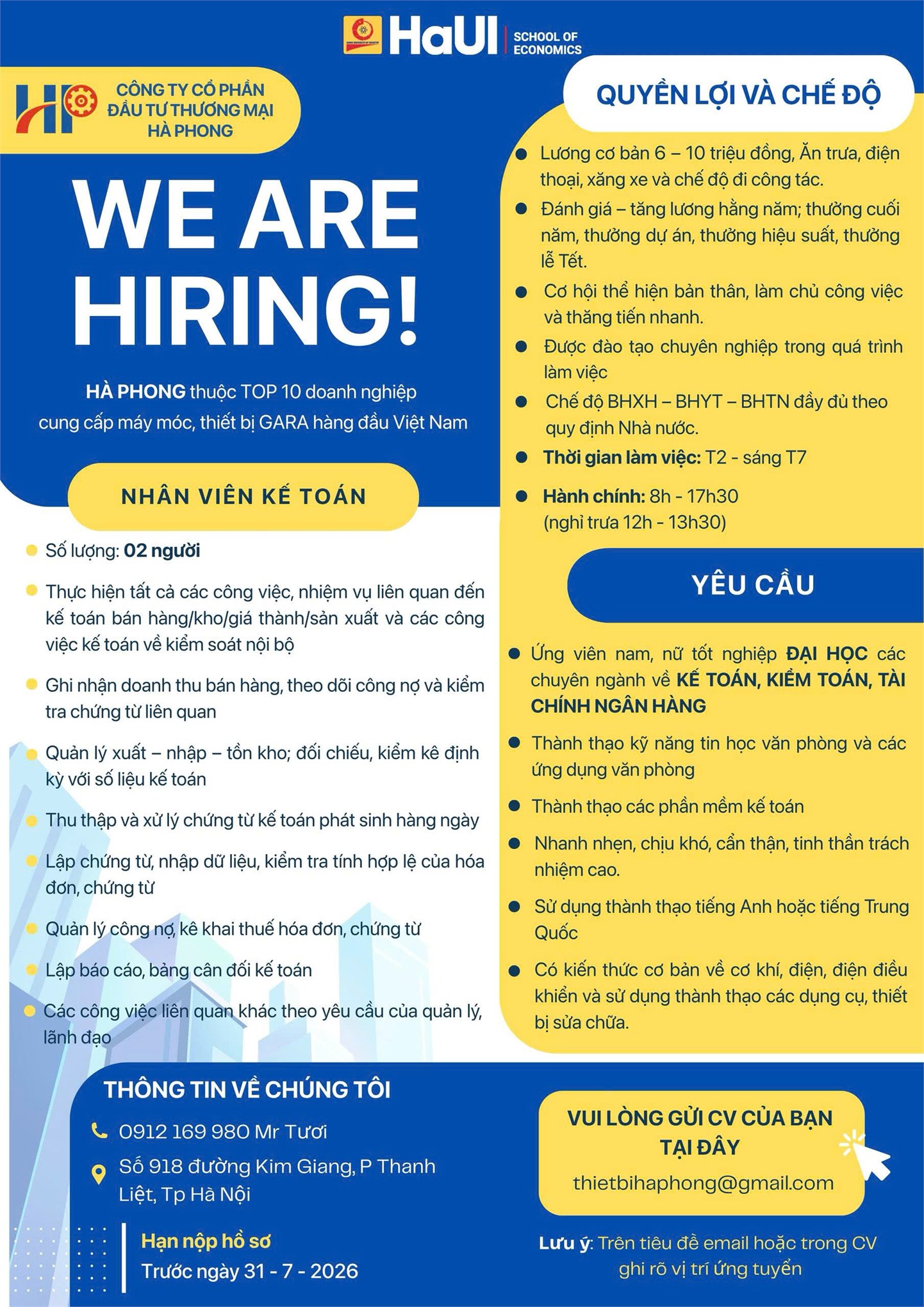 Công ty CP Đầu tư Thương mại Hà Phong tuyển dụng - Vị trí Kế toán