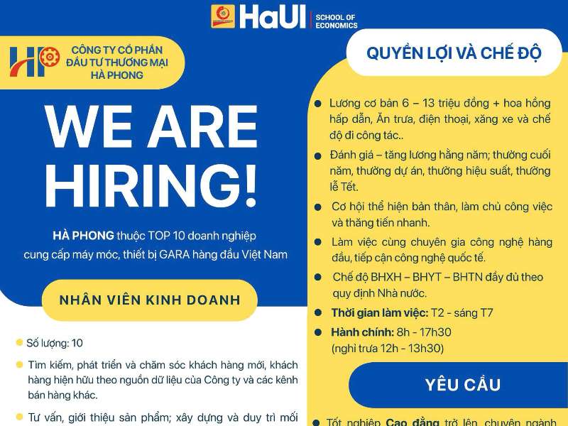 Công ty CP Đầu tư Thương mại Hà Phong tuyển dụng - Vị trí nhân viên kinh doanh