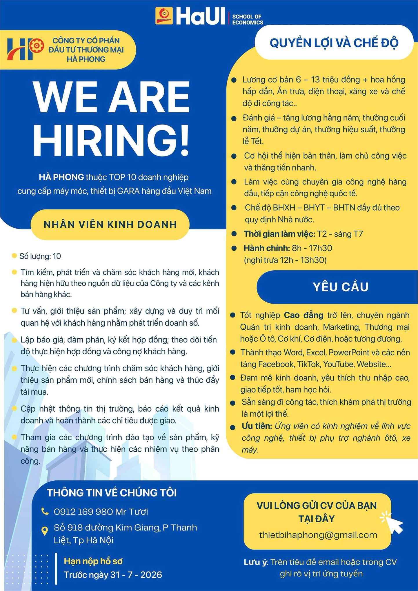 Công ty CP Đầu tư Thương mại Hà Phong tuyển dụng - Vị trí nhân viên kinh doanh