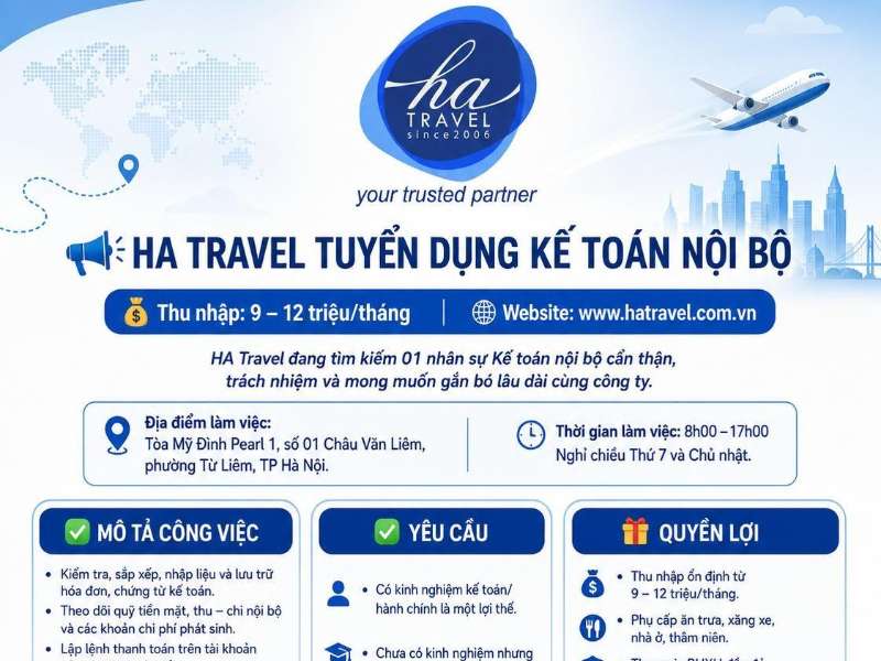 Tuyển dụng nhân viên kế toán nội bộ Công ty Cổ phần thương mại và du lịch Hưng Anh