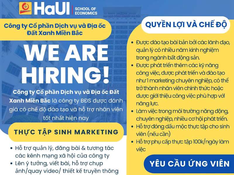 Công ty Cổ phần Dịch vụ và Địa ốc Đất Xanh Miền Bắc tuyển dụng Thực tập sinh Marketing