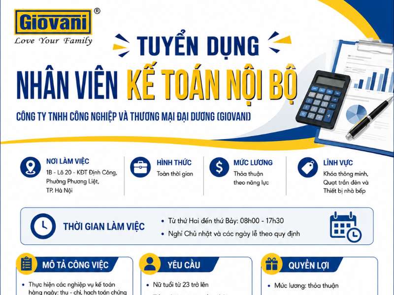 Công ty TNHH Công Nghiệp và Thương Mại Đại Dương (Giovani) tuyển dụng nhân viên Kế toán