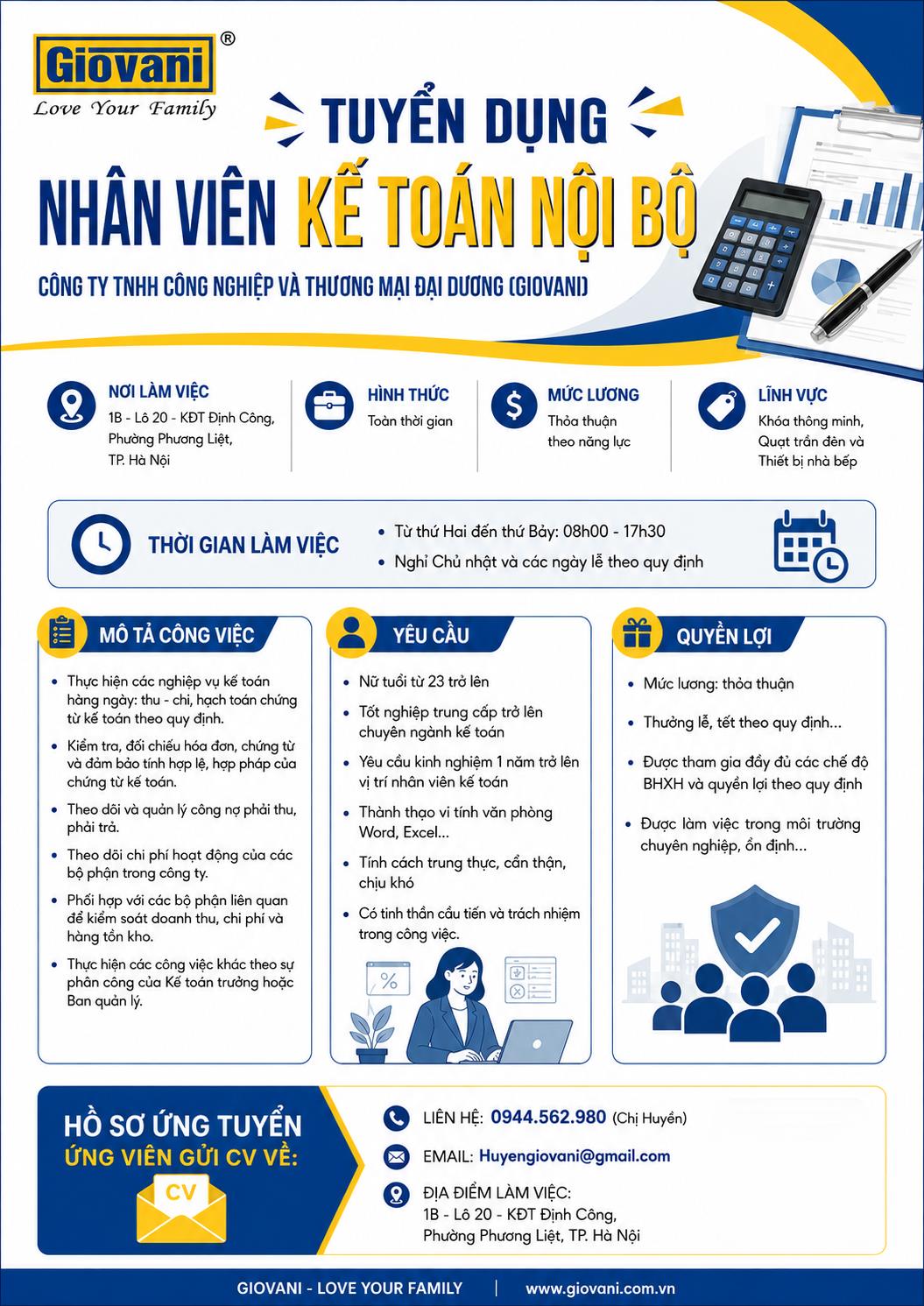 Công ty TNHH Công Nghiệp và Thương Mại Đại Dương (Giovani) tuyển dụng